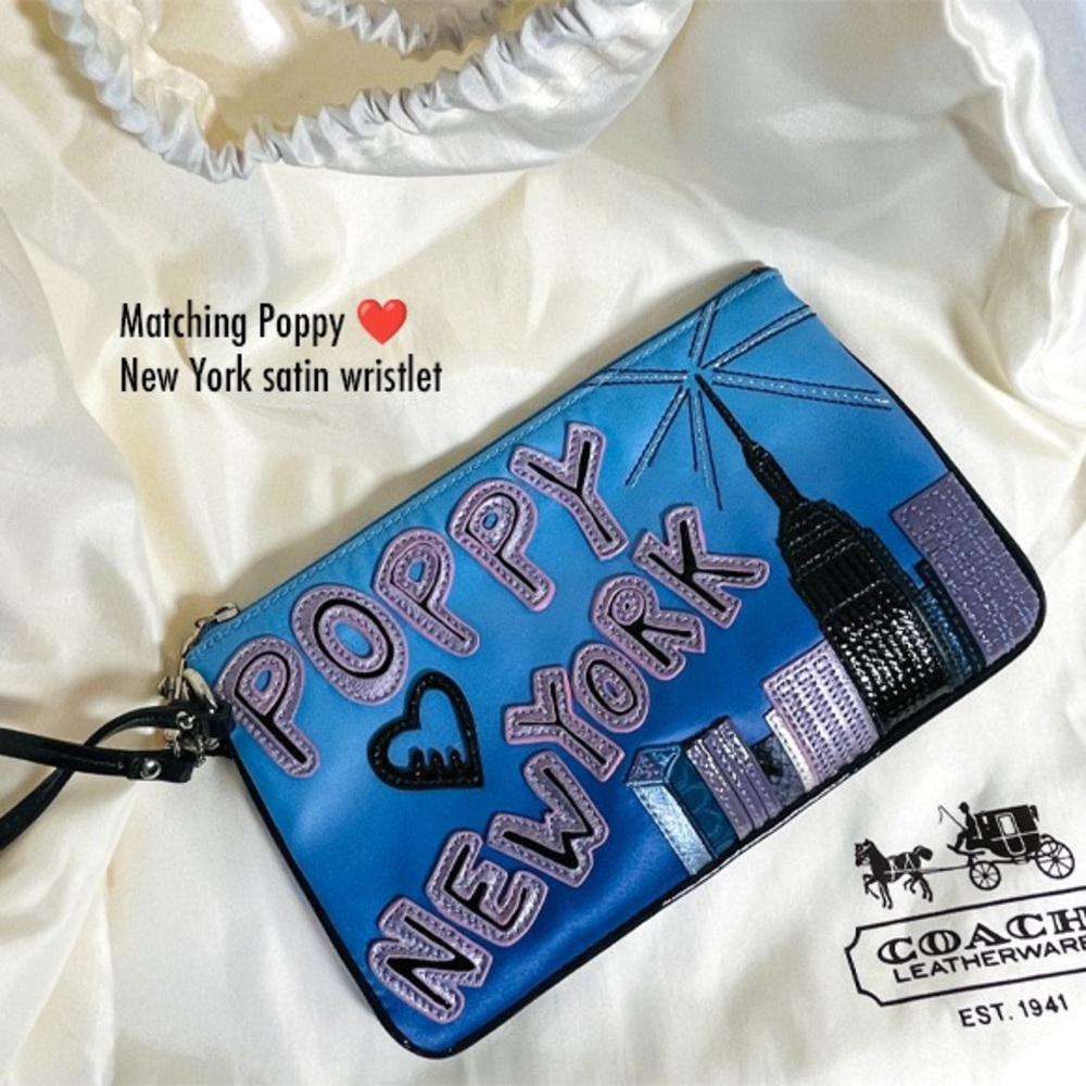 Coach Poppy New York Satin Tote Bag, Wristlet w/ Metallic Accents & Key Fob RARE - Picture 2 of 13
